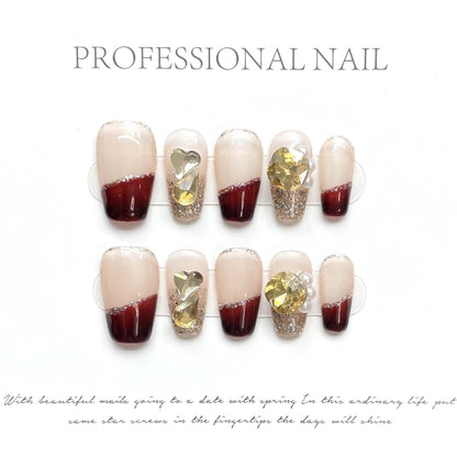 Burgundy Champagne| Long Coffin Manicure  | Handmade Press on Nails H221