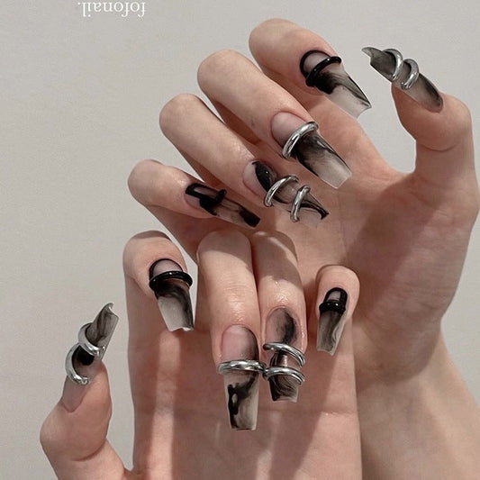 Ink Whirlwind|Long Coffin Manicure | Handmade Press On Nails H269