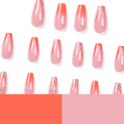 Glitzy Pink Coral | Long Coffin Manicure | Press On Nails N553