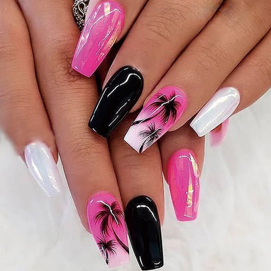 Rosy Noir Fusion| Medium Coffin Manicure | Press On Nails N607