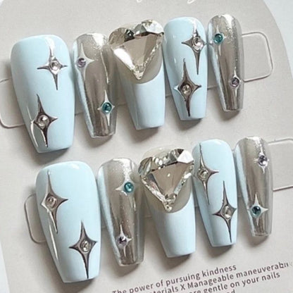 Luminous Stars| Long Coffin Manicure  | Handmade Press on Nails H38