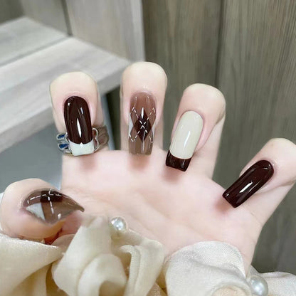 Brown Argyle  | Long Coffin Manicure  | Press on Nails