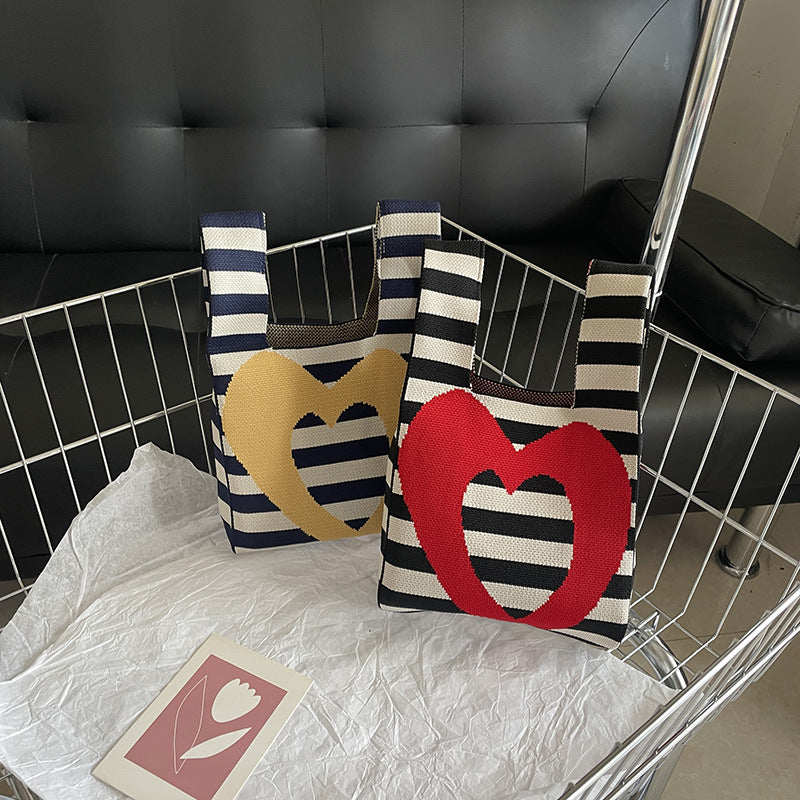 Heart Stripe Woven Bucket Bag | Casual Stripe Printed Tote Bags | Shoulder Bag | Accessories Crochet Handbags B3