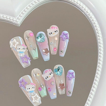 Pastel Kitty | Long Coffin Manicure  | Handmade Press on Nails H58