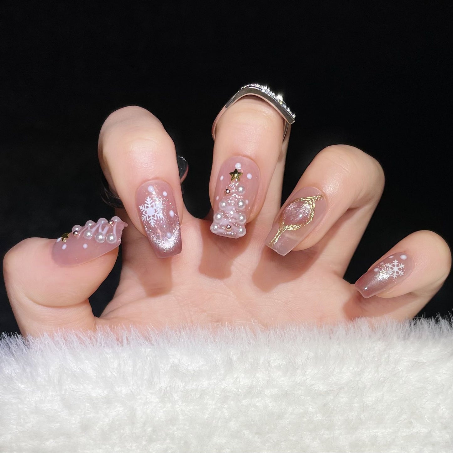 Blushing Snowflakes| Long Coffin Manicure| Handmade Press on Nails H81