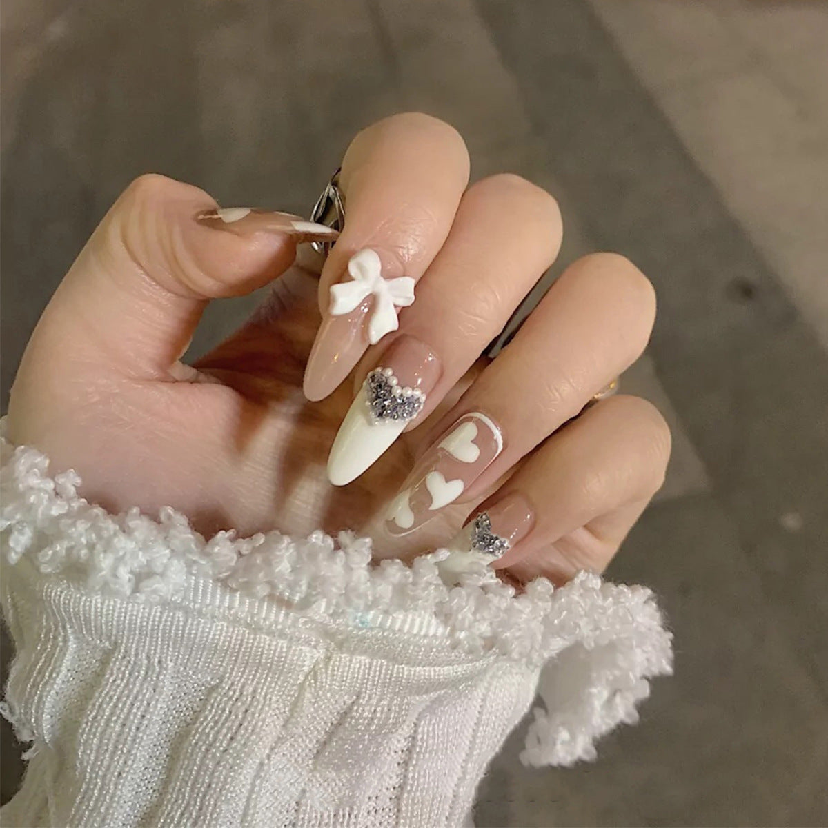 White Serenity Love| Medium Almond Manicure | Press On Nails N440