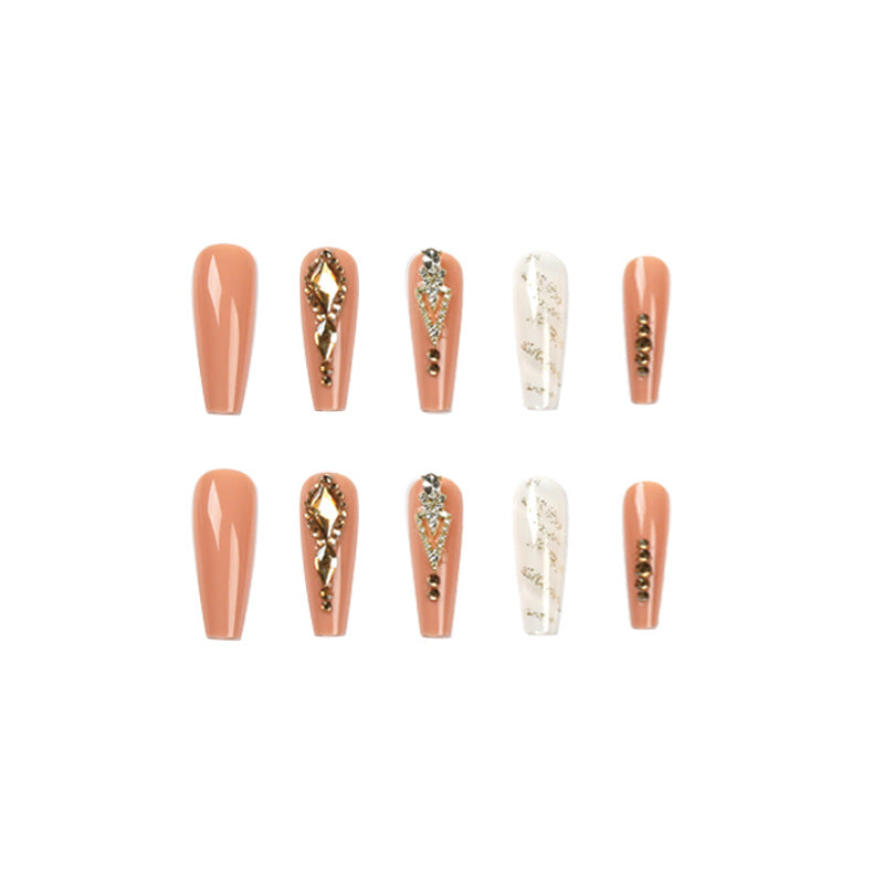 Luxe Peachy Sparkle| Long Coffin Manicure | Press On Nails N619