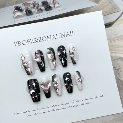 Dazzling Y2K BlackPink| Long Coffin Manicure| Handmade Press on Nails H86