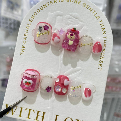 Lovely Strawberry Bear  | Short Squoval Manicure | Handmade Press On Nails H100