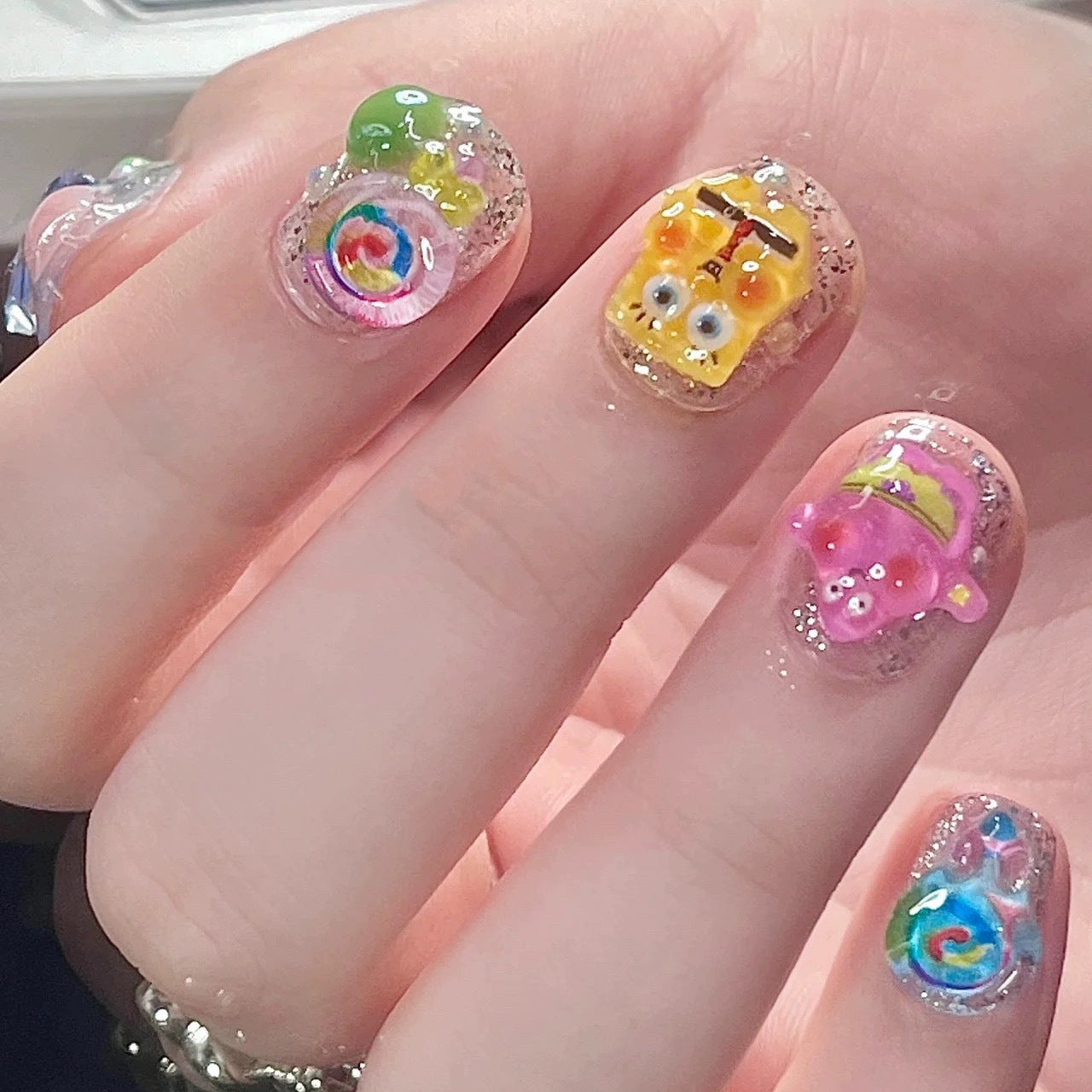 Whimsical SpongeBob| Short Squoval Manicure | Handmade Press On Nails H216