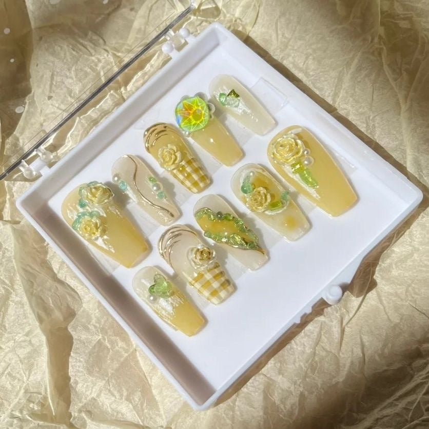 Lemon Zest Garden| Long Coffin Manicure  | Handmade Press on Nails H90