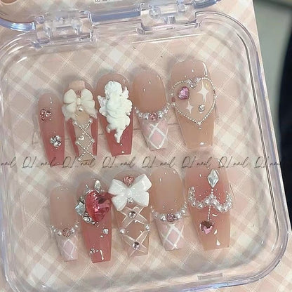 Sweetheart Angel Wings| Long Coffin Manicure |Handmade Press on Nails H40