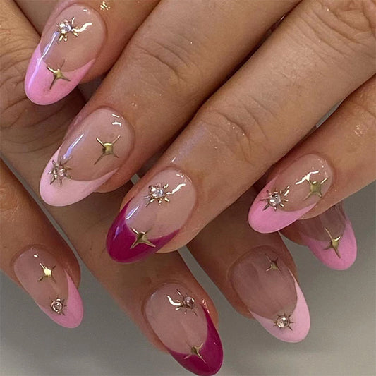 Sweet Rose Hue Stars| Short Almond Manicure | Press On Nails N609