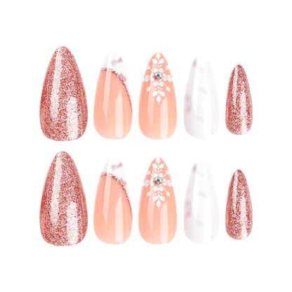 Dazzle Peachy Snowflake| Medium Almond Manicure | Press On Nails N543