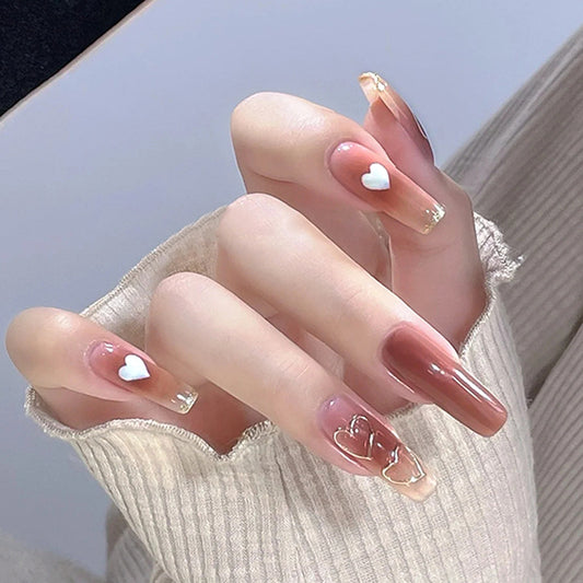 Lovely Pink Heart  | Long Coffin Manicure  | Press On Nail