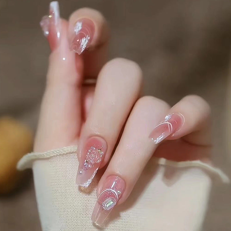 Fancy Pink 3D Flower| Long Coffin Manicure | Press on Nail