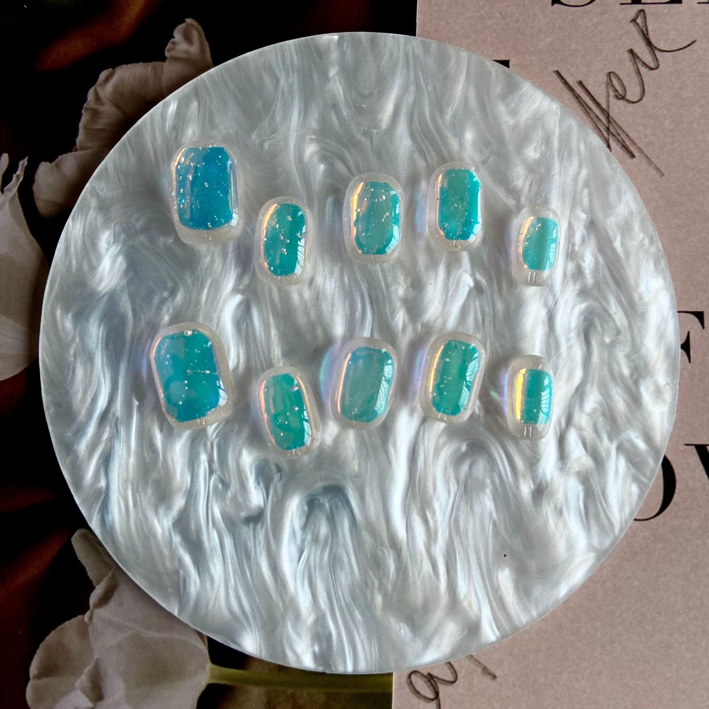 Cyan Ice | Short Squoval Manicure | Handmade Press On Nails H113