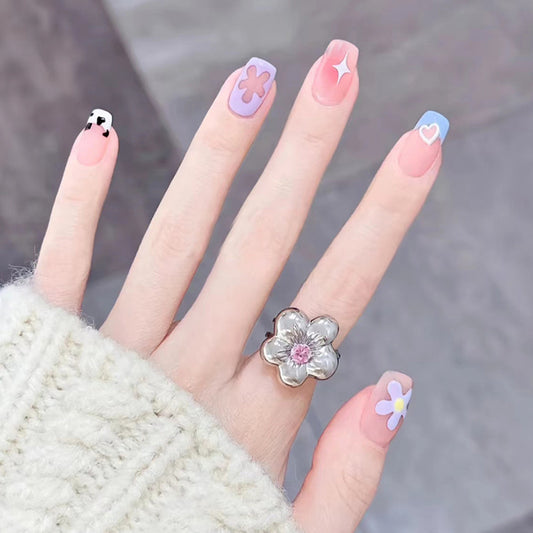 Fairy pastel Floral | Short Square Manicure | Press On Nails