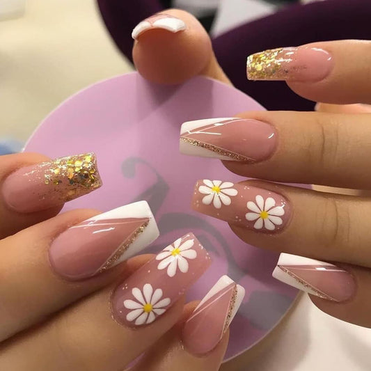 Blushing Glitter Daisy| Long Coffin Manicure | Press On Nails N624