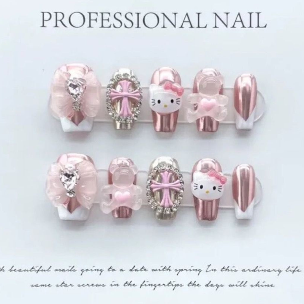 Pink Kitty | Long Coffin Manicure| Handmade Press on Nails H73