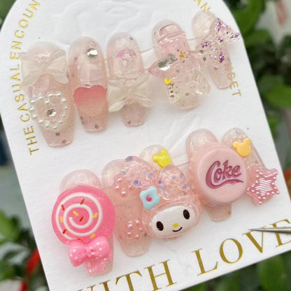 Sweet My Melody| Long Coffin Manicure  | Handmade Press on Nails H51