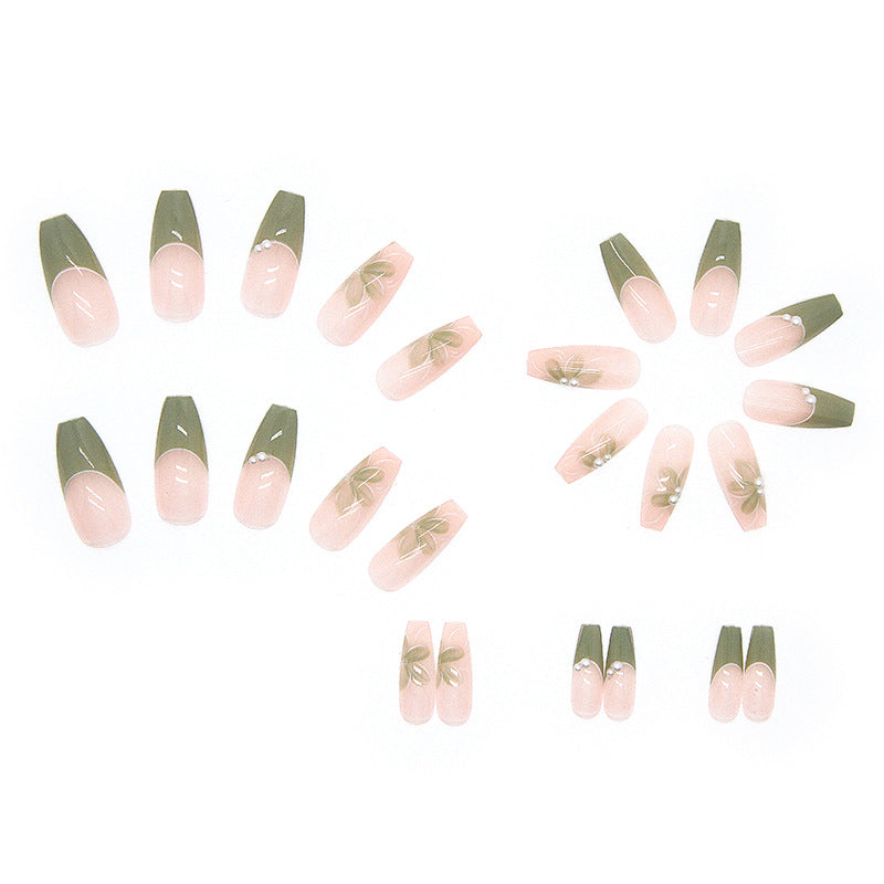 Greenery Bloom Pearl | Long Coffin Manicure  | Press On Nails