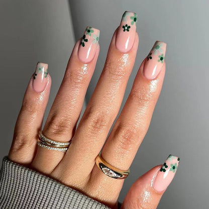 Petite Green Floral| Medium Coffin Manicure | Press On Nails N777