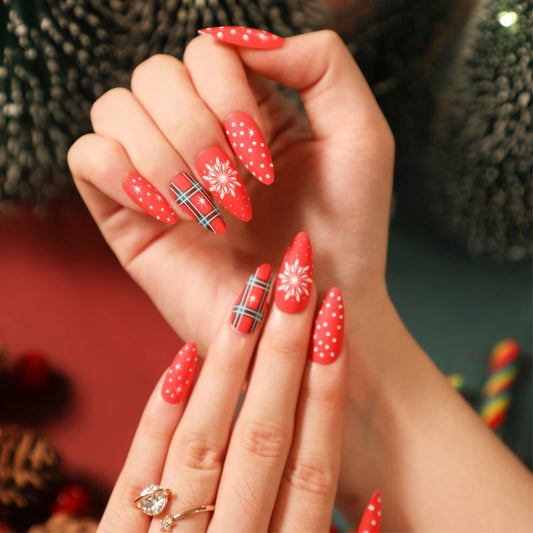 Holiday Dots & Flakes | Medium Almond Manicure | Press On Nails N468