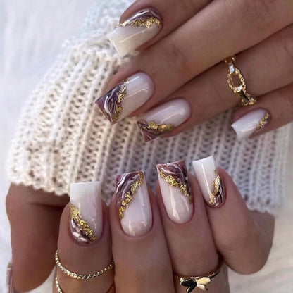 Marbled Gold| Short Squoval Manicure | Press On Nails N347