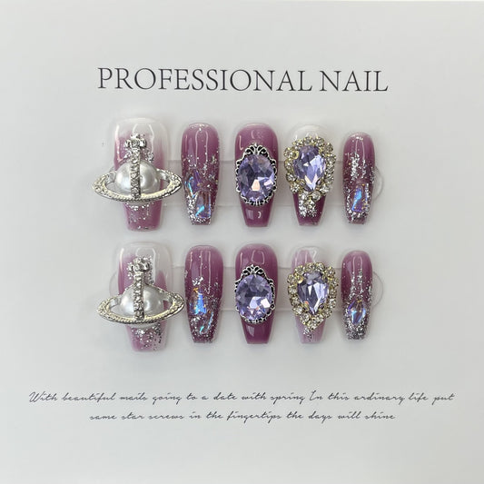 Royal Amethyst| Long Coffin Manicure| Handmade Press on Nails H285