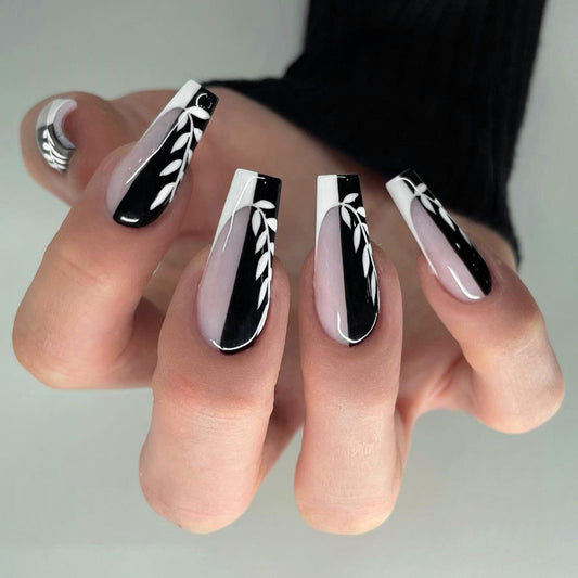 Modern Leaf| Long Coffin Manicure  | Press on Nails N746