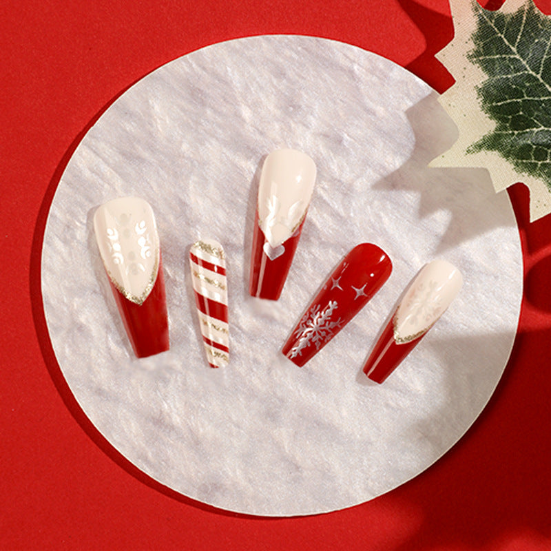 Snowy Red Christmas Bliss| Long Coffin Manicure  | Press On Nails N422