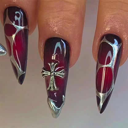 Gothic Silvered Cross| Long Almond  Manicure | Press On Nails N523