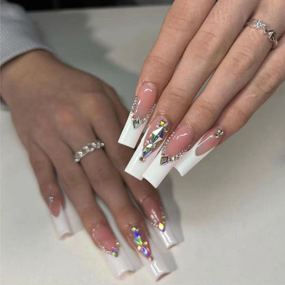 Diamond Glint French | Long Coffin Manicure  | Press On Nails N384