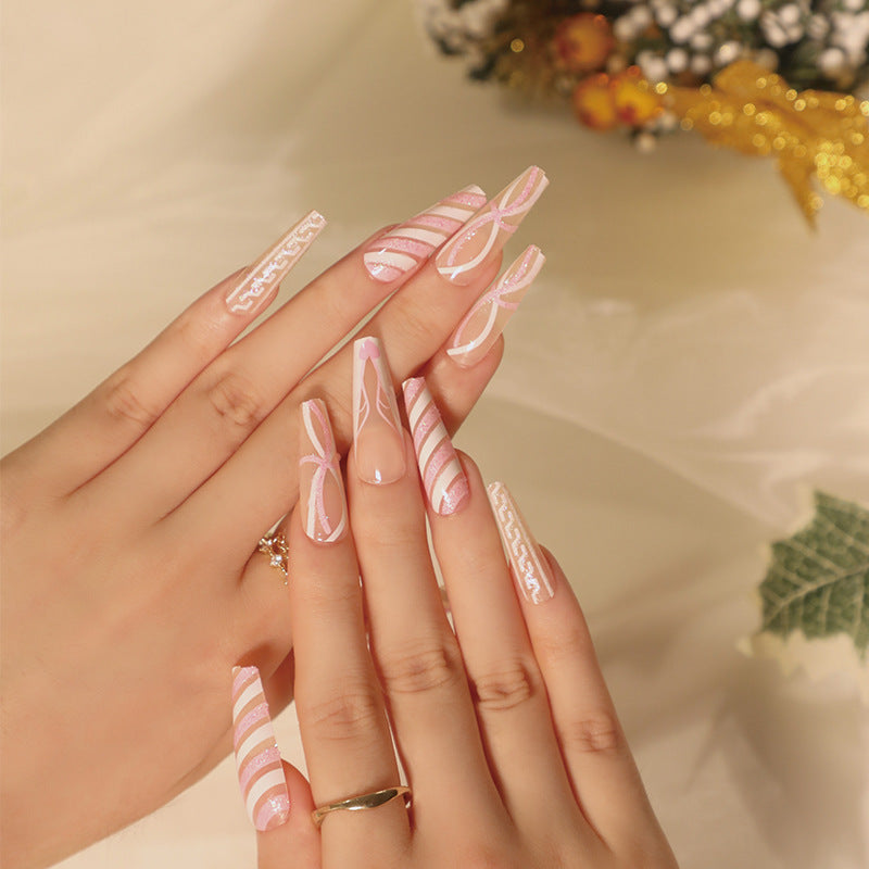 Pink Ribbon Delight | Long Coffin Manicure| Press On Nails N418