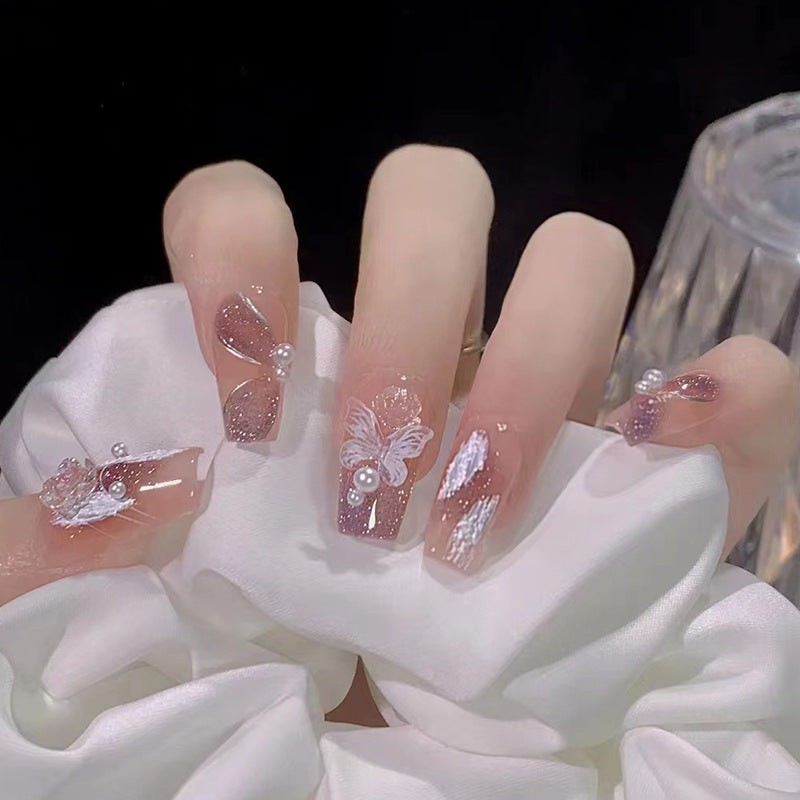 Dolce Pink Butterfly | Long Coffin Manicure  | Press on Nail