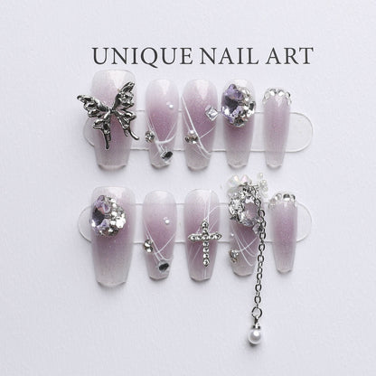 Butterfly Chain| Long Coffin Manicure  | Handmade Press on Nails H139