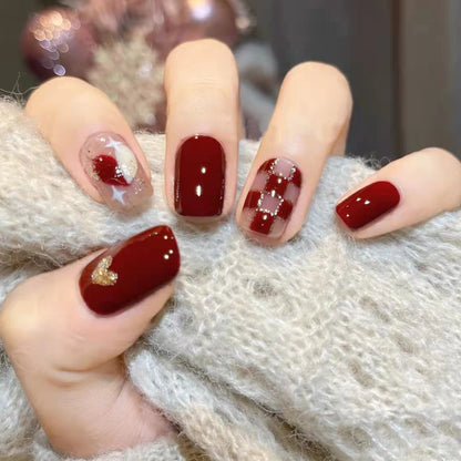 Crimson Red Heart Brush | Short Squoval Manicure | Press On Nail