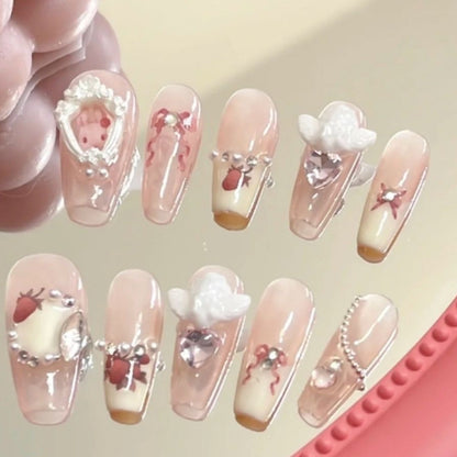 Sweet Strawberry Bunny| Long Coffin Manicure  | Handmade Press on Nails H35