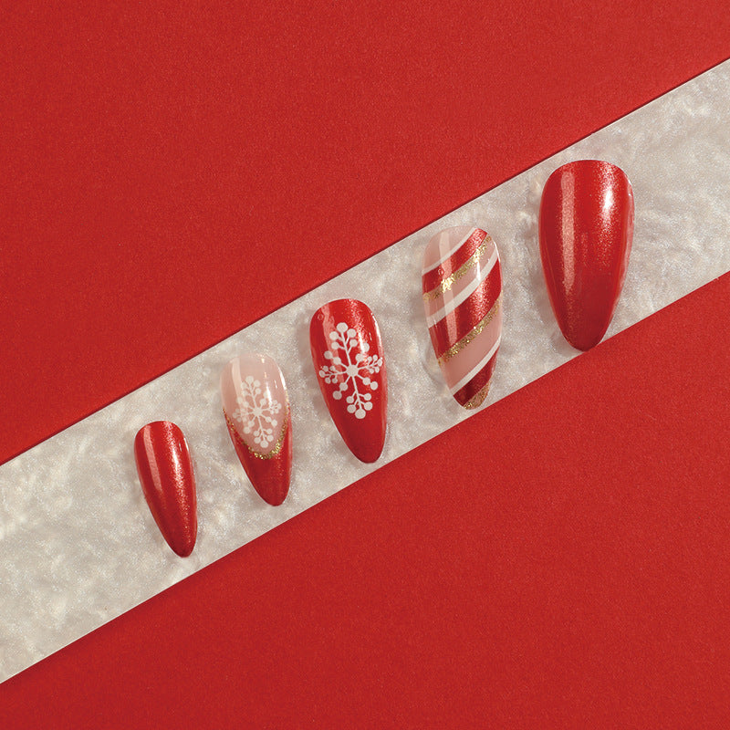 Red Ribbon Snowflakes| Medium Almond Manicure | Press On Nails N419