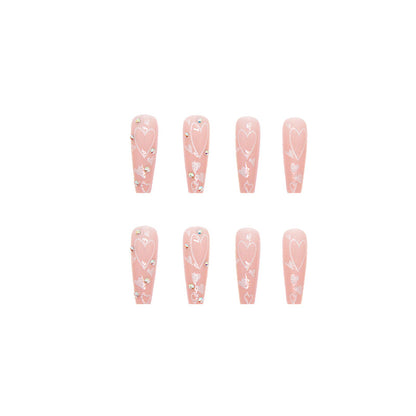 Pastel Pink Heart| Long Coffin Manicure  | Press on Nail