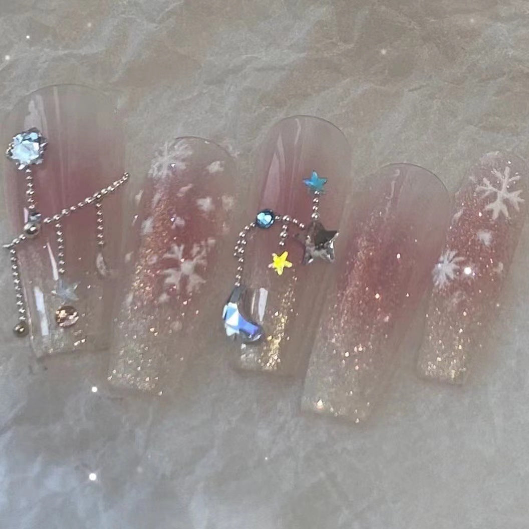 Blushing Snowflakes| Long Coffin Manicure| Handmade Press on Nails H81