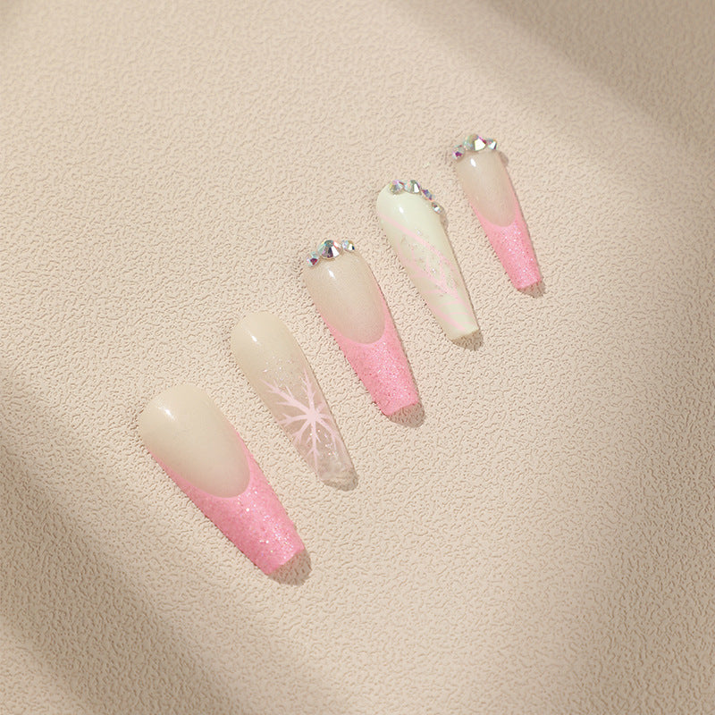 Snowy Pink Bliss | Long Coffin Manicure | Press On Nails N491