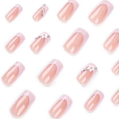 Pastel Pink Blossom Bling| Medium Coffin Manicure | Press On Nails N625