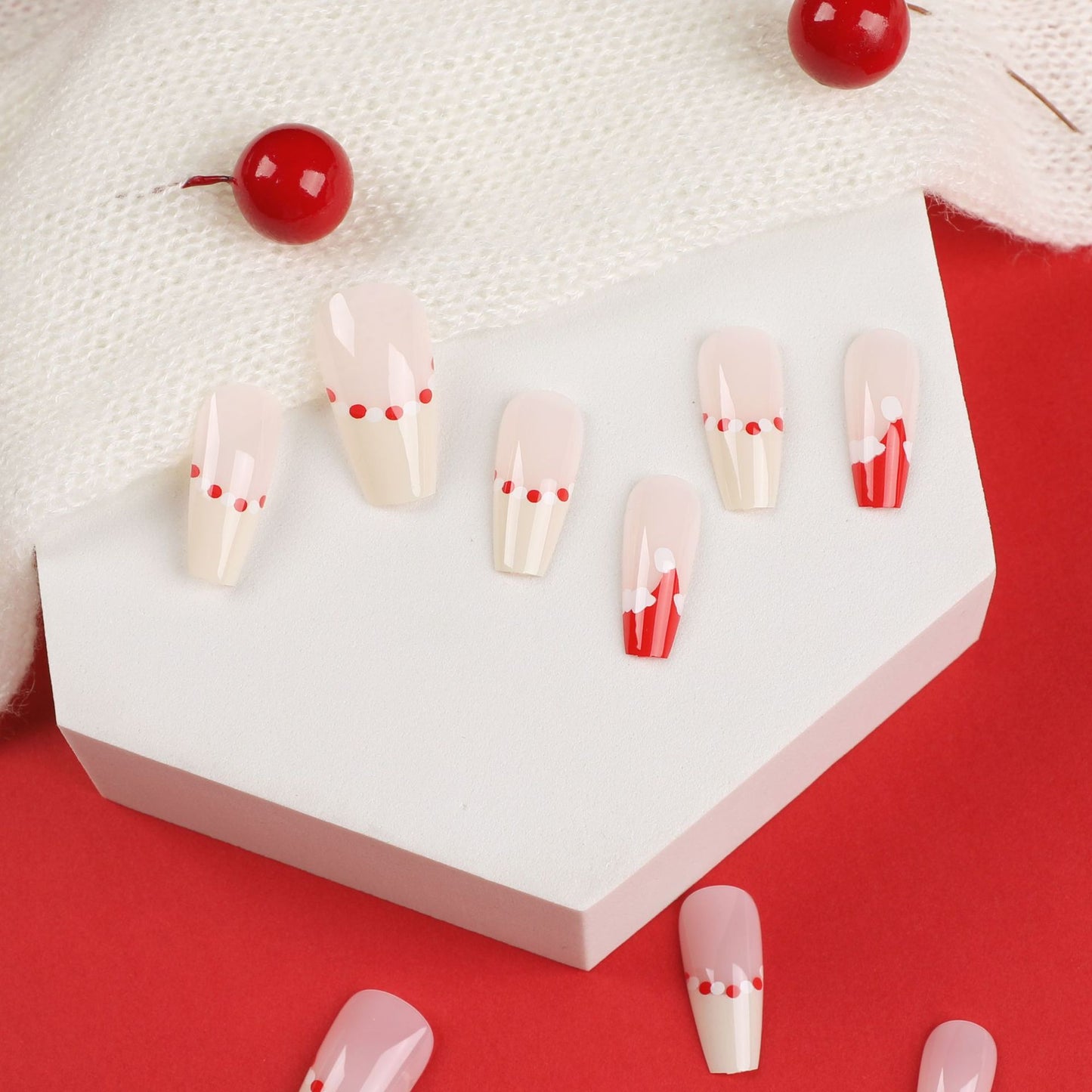 Santa hats French| Medium Coffin Manicure | Press On Nails N509