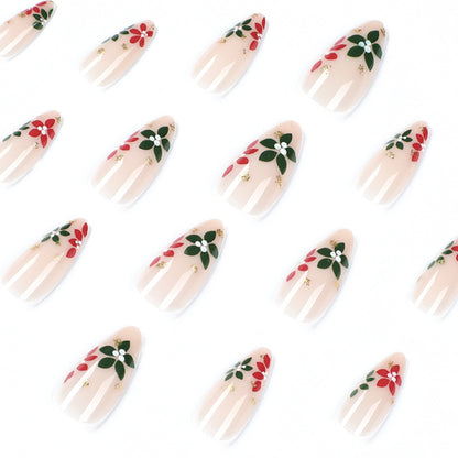 Scarlet & Emerald Blossoms | Medium Almond Manicure | Press On Nails N423