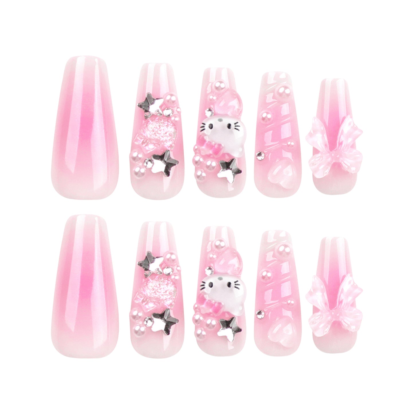 Cutie Kitty| Long Coffin Manicure  | Press On Nails N727