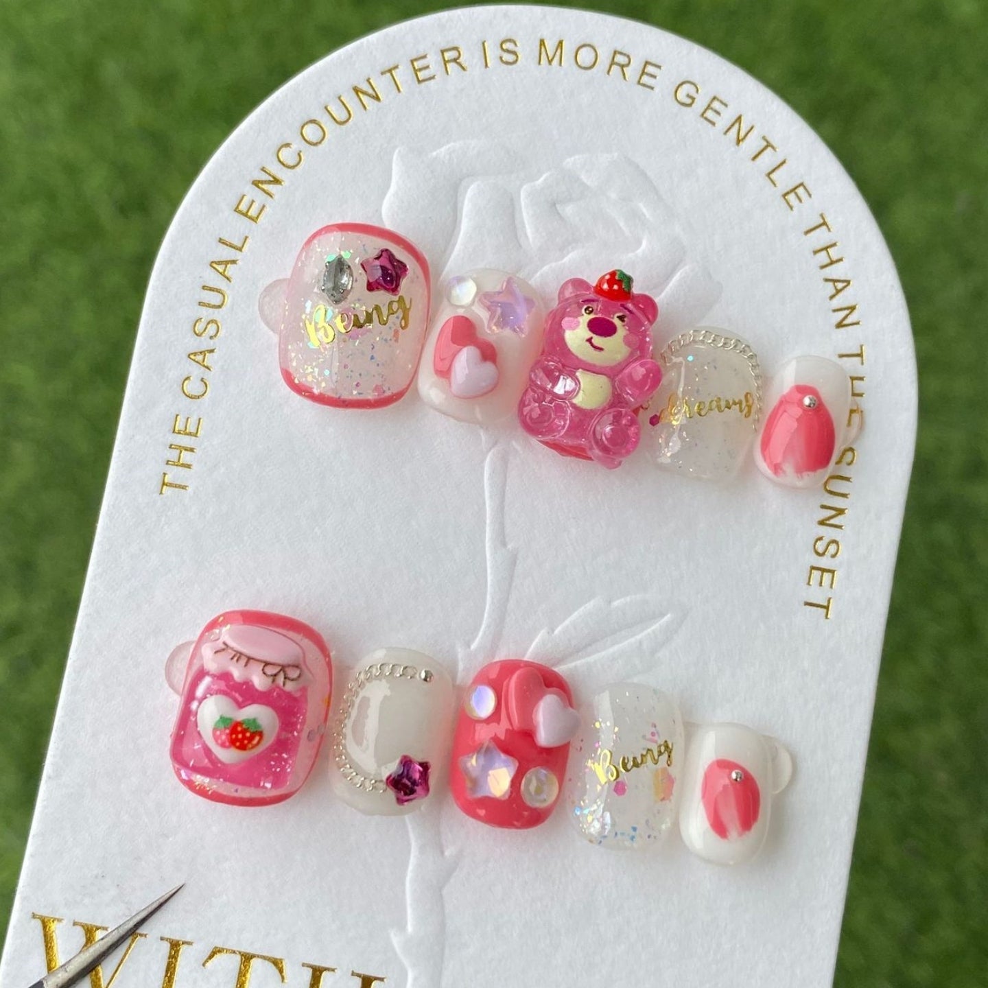 Lovely Strawberry Bear  | Short Squoval Manicure | Handmade Press On Nails H100