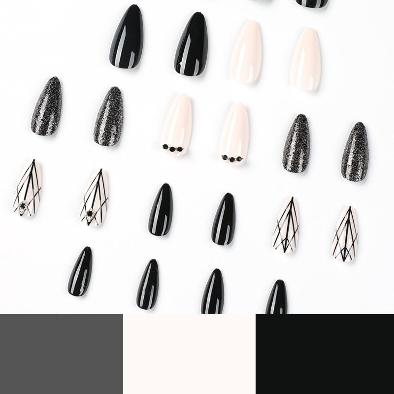 Sparkling Black Lines | Medium Almond Manicure | Press On Nails N718