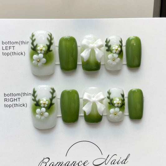 Spring Green|Medium Coffin Manicure |Handmade Press on Nails H286